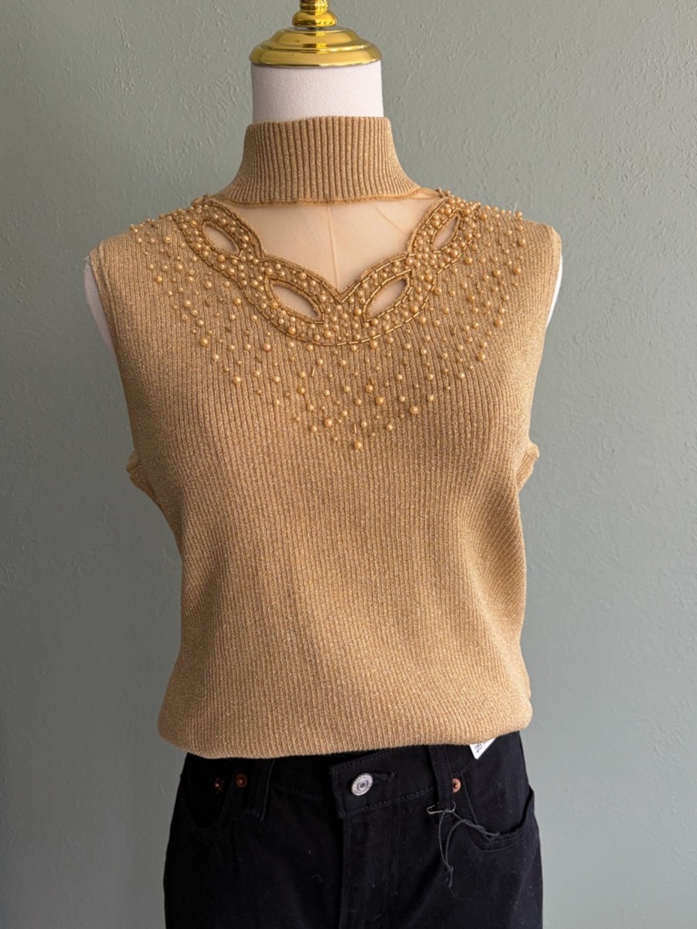 Cable and Gauge Gold Sleeveless Knit Top with Beaded Neckline size XL petite